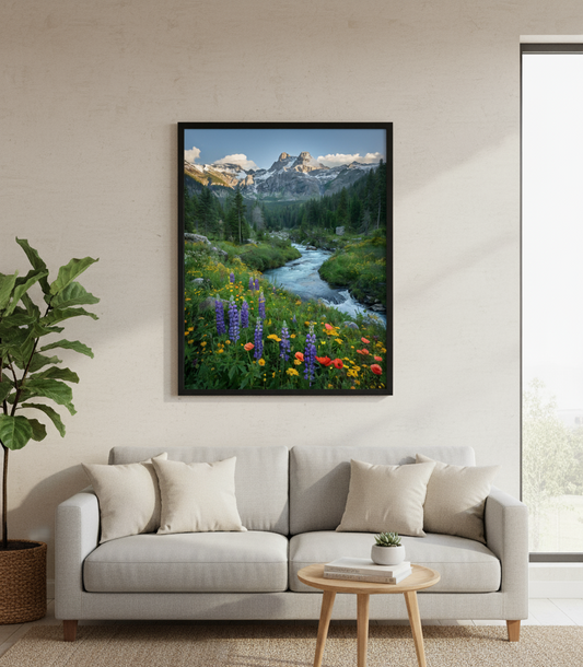 Framed nature print of a mountain landscape with flowers above a gray sofa in a living room.