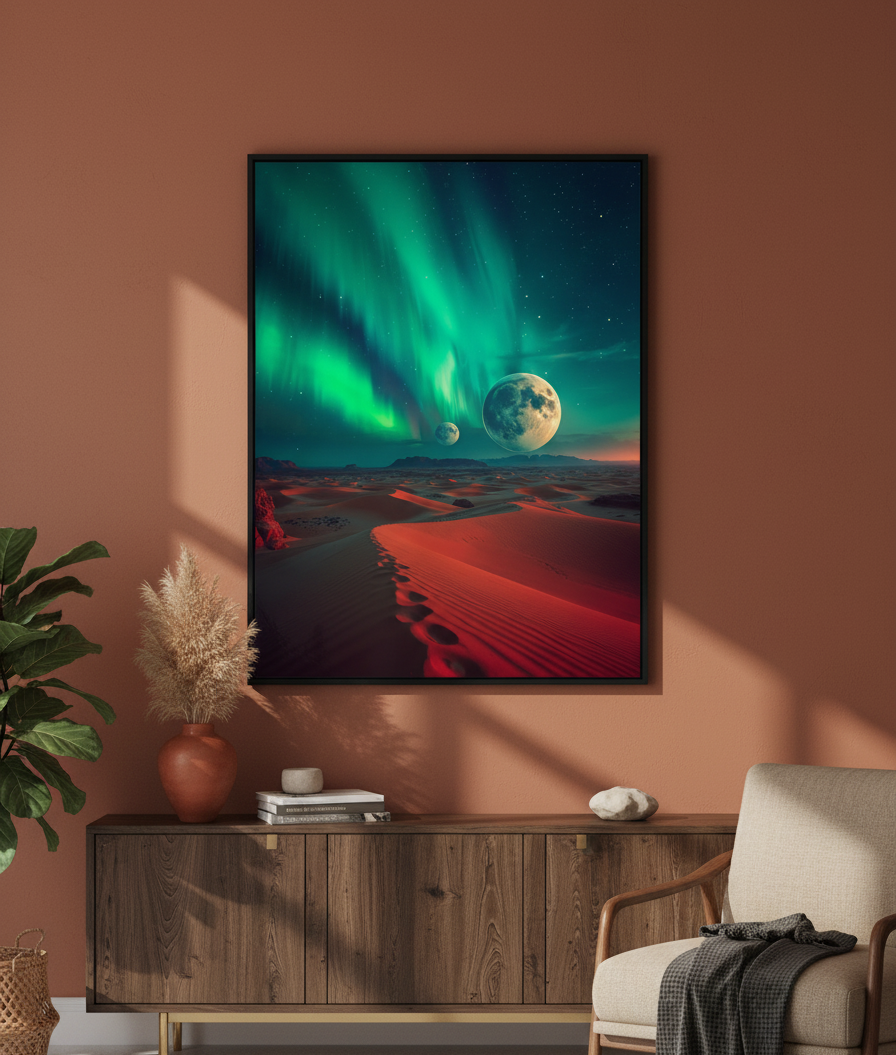 Aurora Desert Night with Dual Moons Art Print