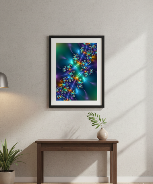 Framed abstract artwork with vibrant colors on a wall above a wooden table.