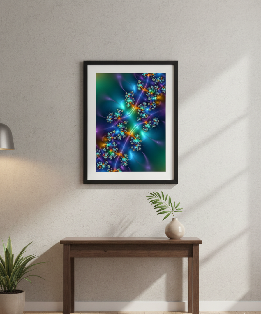 Framed abstract artwork with vibrant colors on a wall above a wooden table.