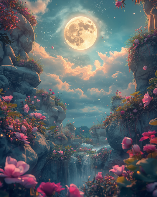 Fantasy landscape with flowers, rocks, and a full moon