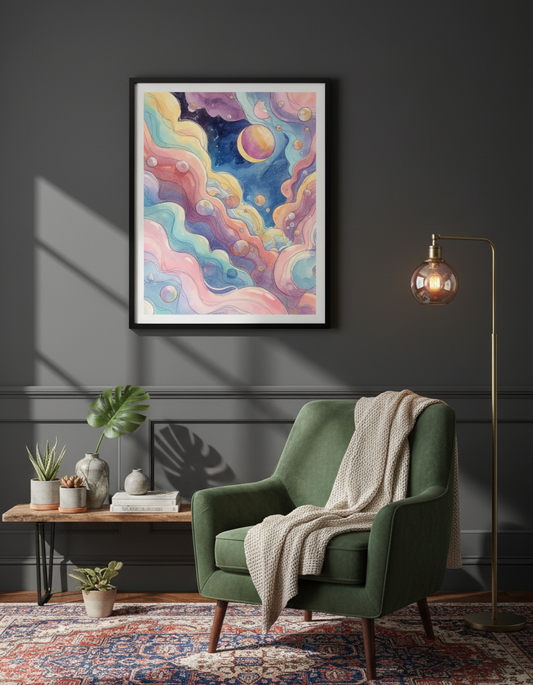 Colorful abstract painting on a dark wall above a green armchair with a textured rug and small table.