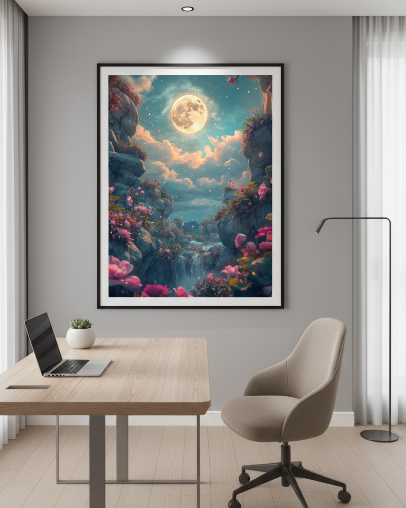 Framed artwork of a fantasy landscape in a modern office setting