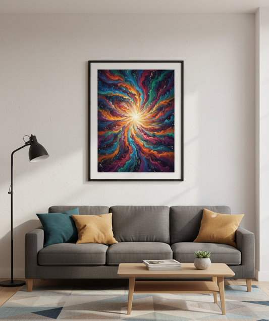 Living room with a gray sofa, colorful abstract painting, and a lamp.