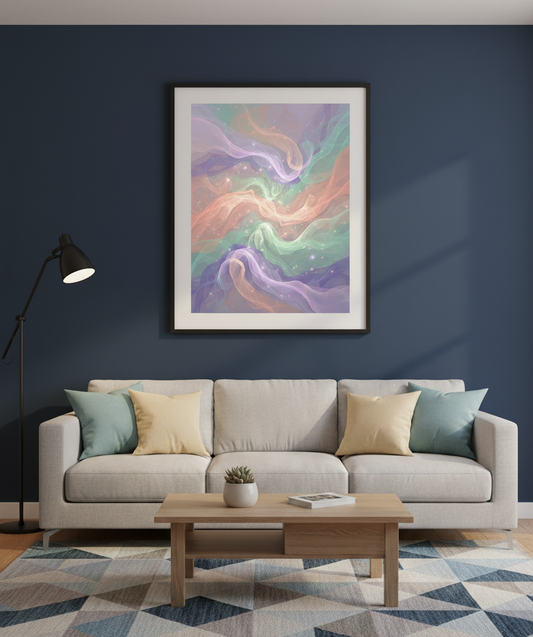 Living room with a gray sofa, wooden coffee table, and colorful abstract painting on a dark blue wall.