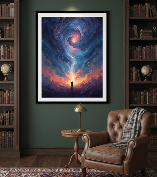 Framed space-themed artwork above a brown leather armchair in a room with bookshelves.