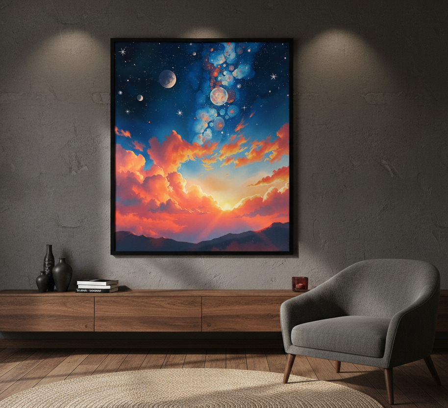 Framed artwork of a colorful sky with clouds and stars above a modern living room setup.