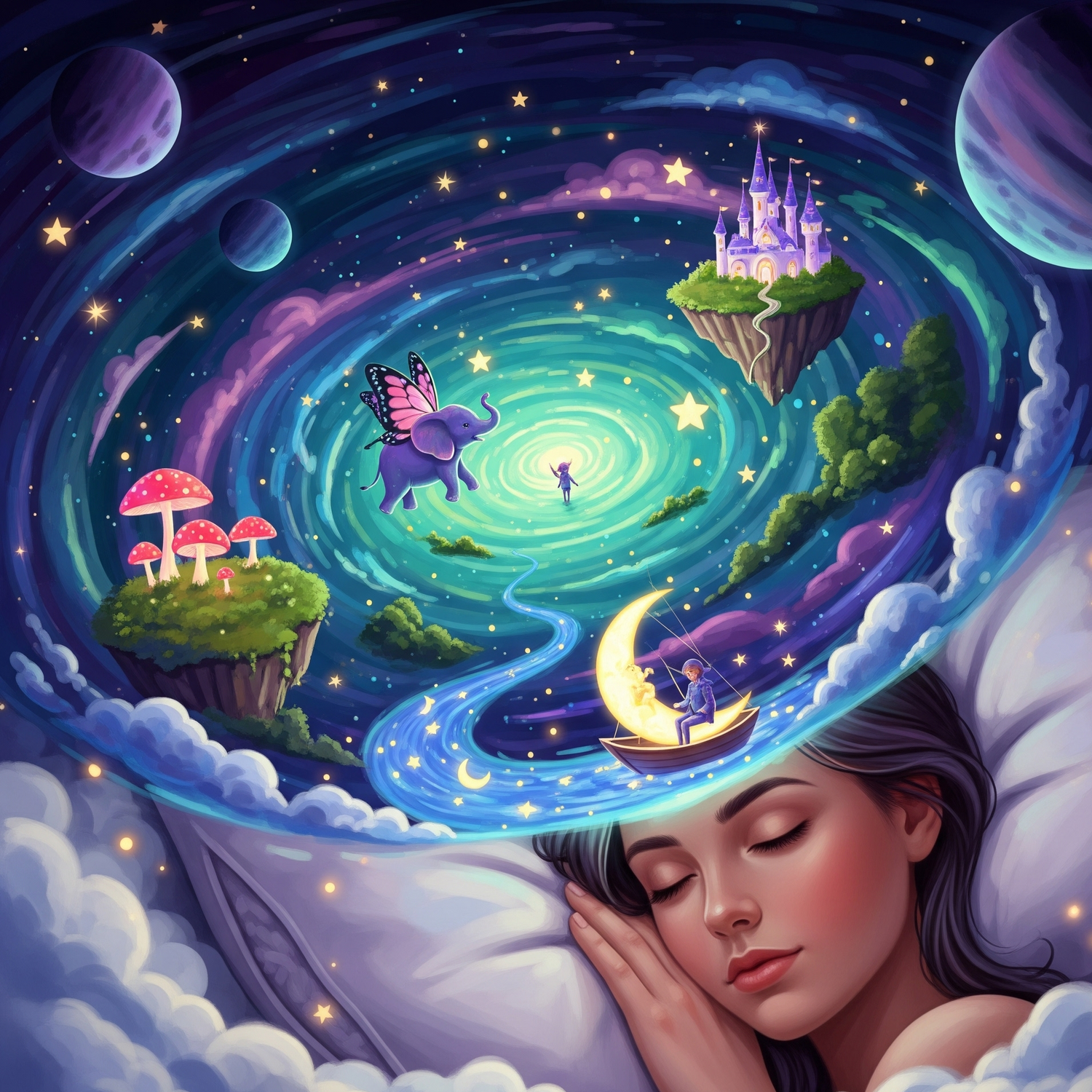Dreamscape with a woman sleeping, floating islands, and a butterfly, surrounded by stars and planets.