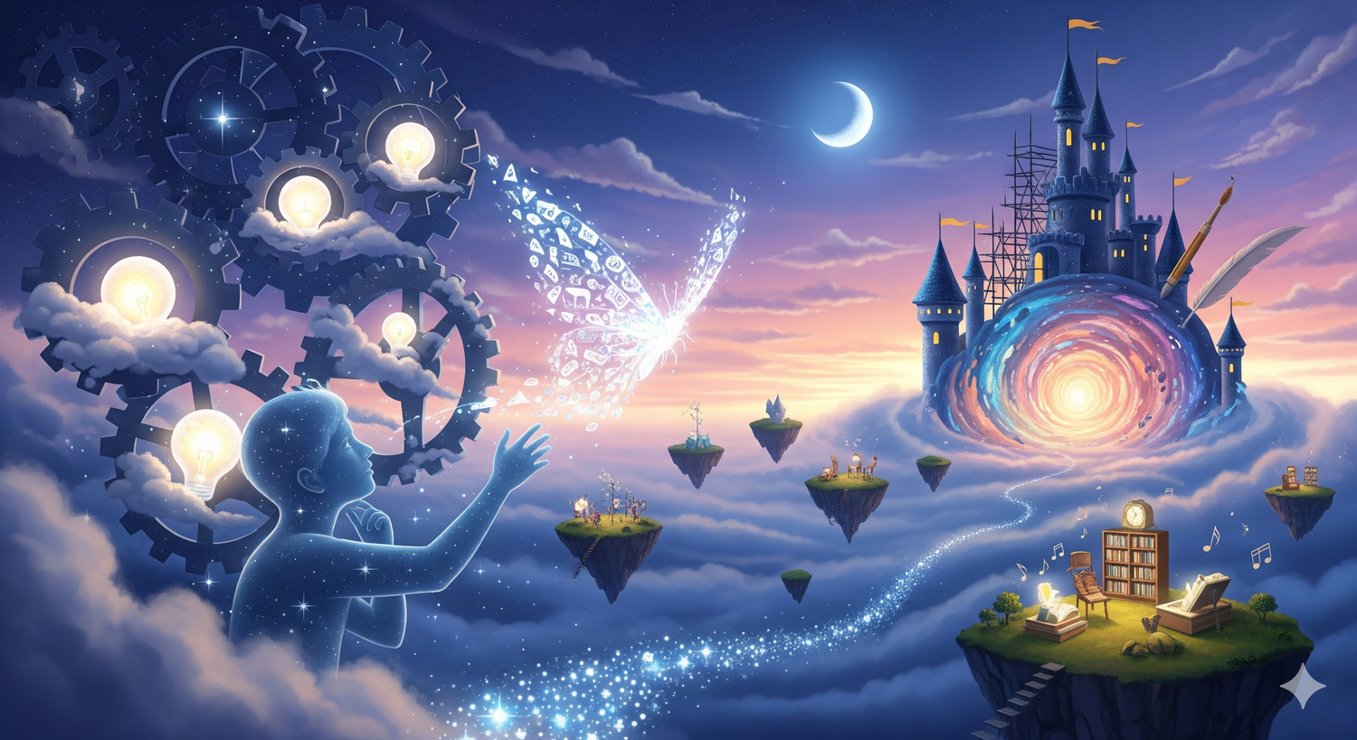 Fantasy scene with a child, gears, and a magical castle in the sky.