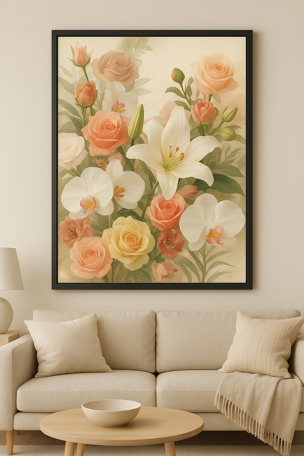 Floral painting on a wall above a beige sofa in a living room.