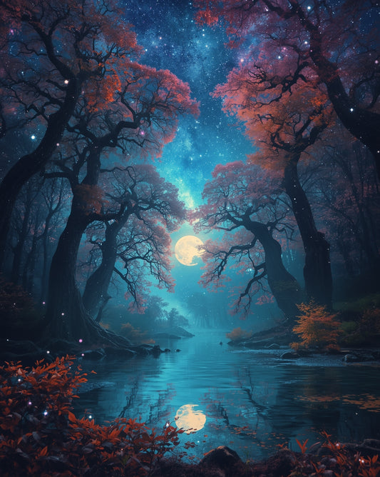 Mystical forest scene with trees, moon, and stars over a lake.