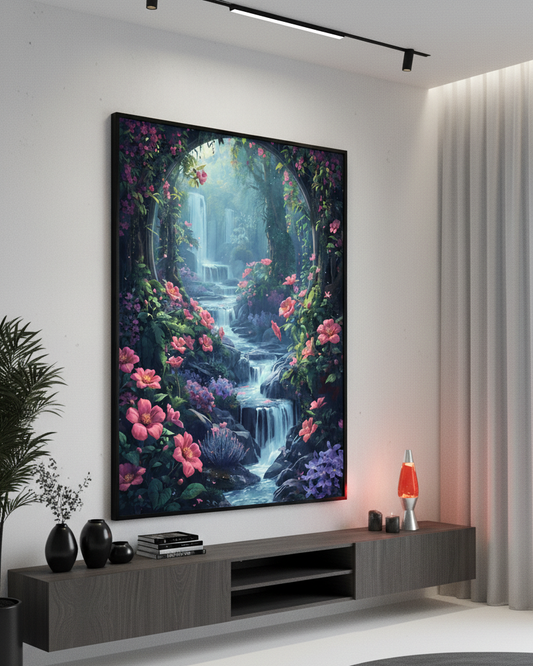 Framed artwork of a fantasy landscape with flowers and a waterfall in a modern living room.