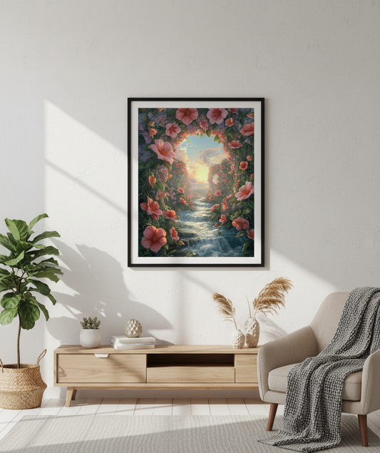 Framed floral artwork above a wooden console table in a living room.