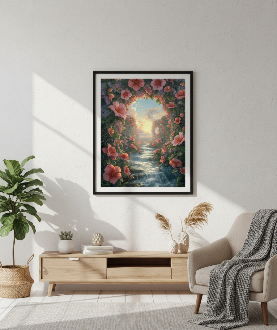 Framed floral artwork above a wooden console table in a living room.