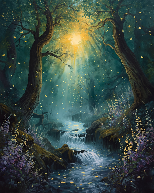 Mystical forest scene with a waterfall and glowing light