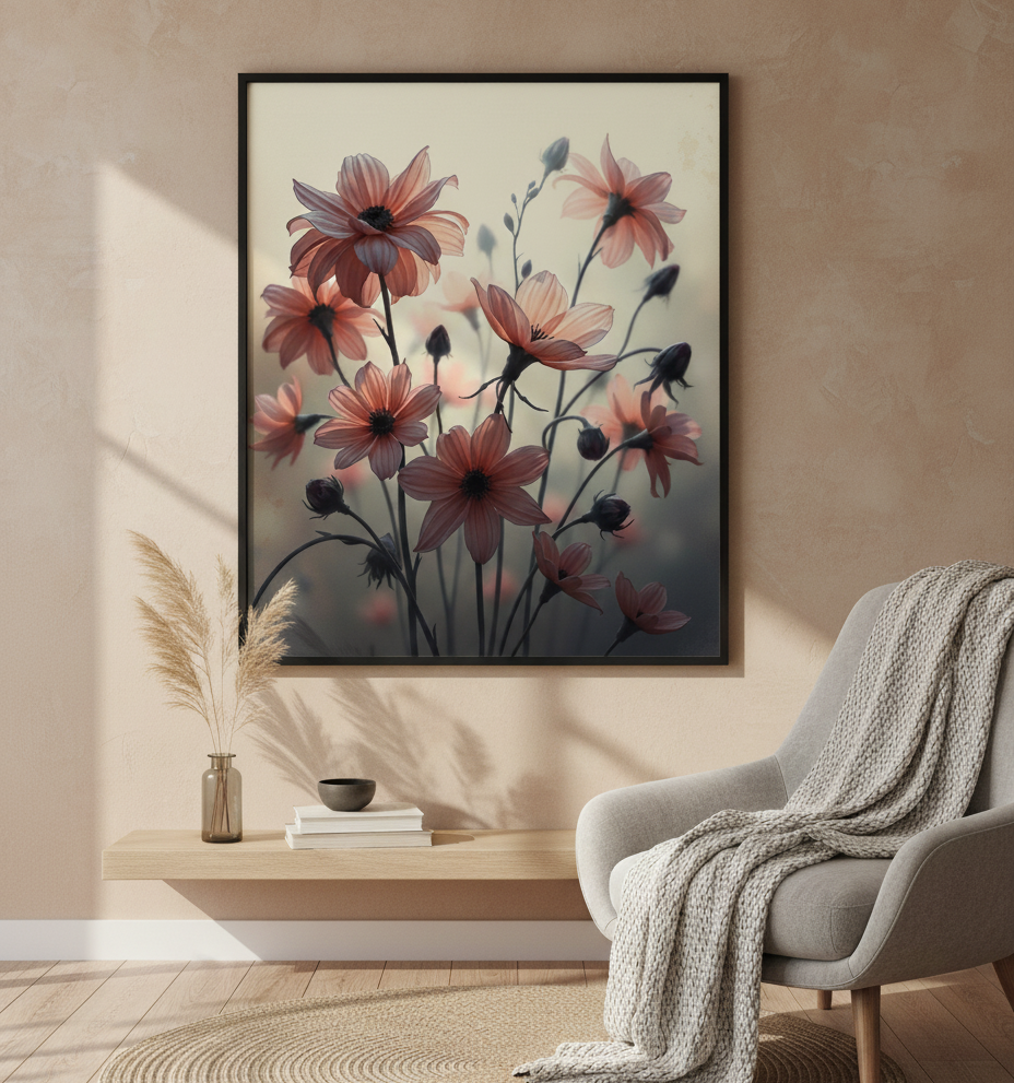 Floral artwork in a modern living room setting with a chair and decor items.