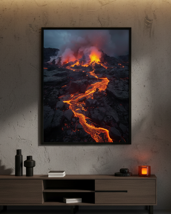 Framed photograph of a volcanic eruption on a wall above a wooden cabinet.