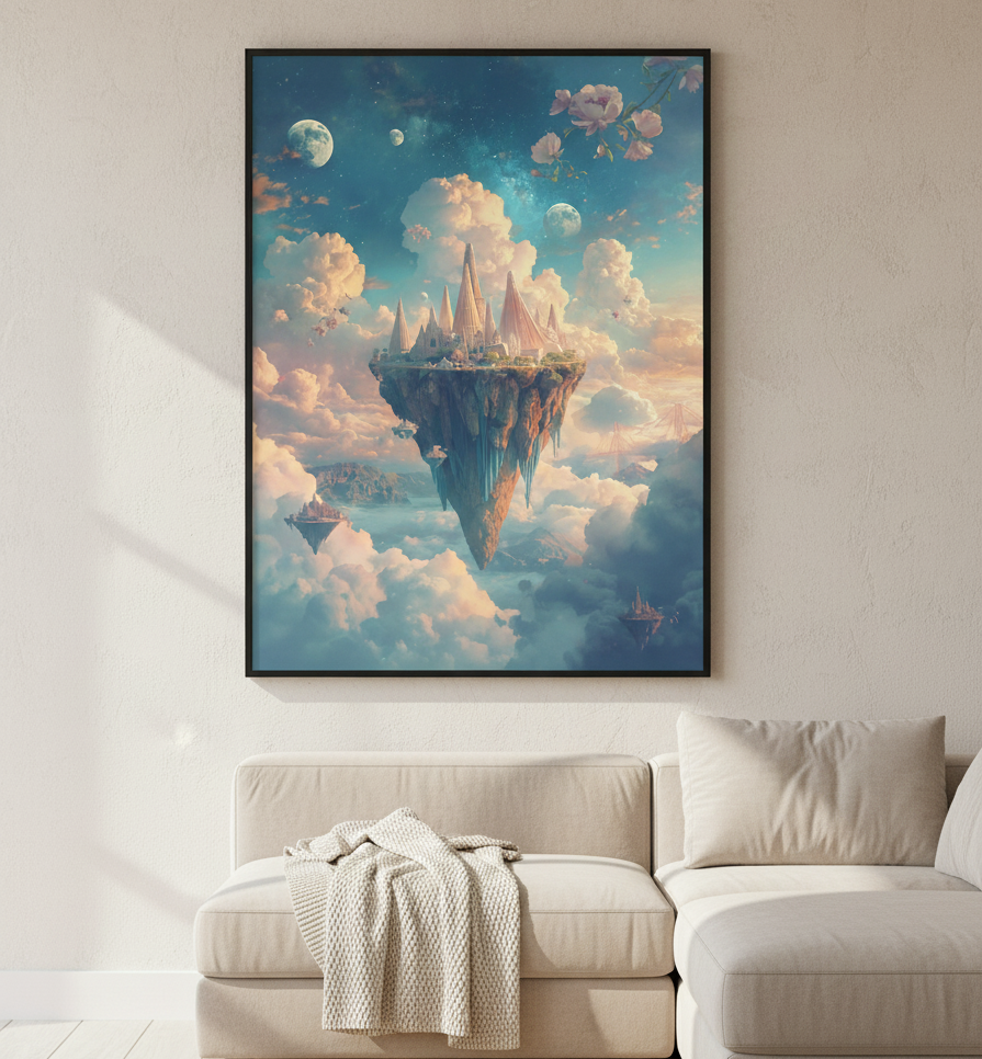 Framed artwork of a floating island in the clouds above a beige sofa.