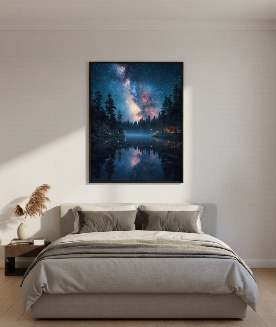 Modern bedroom with a large framed artwork of a starry night sky over a lake.