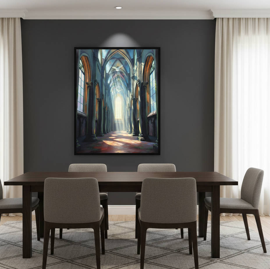 Dining room with a large painting of a cathedral on the wall above a wooden table and chairs.