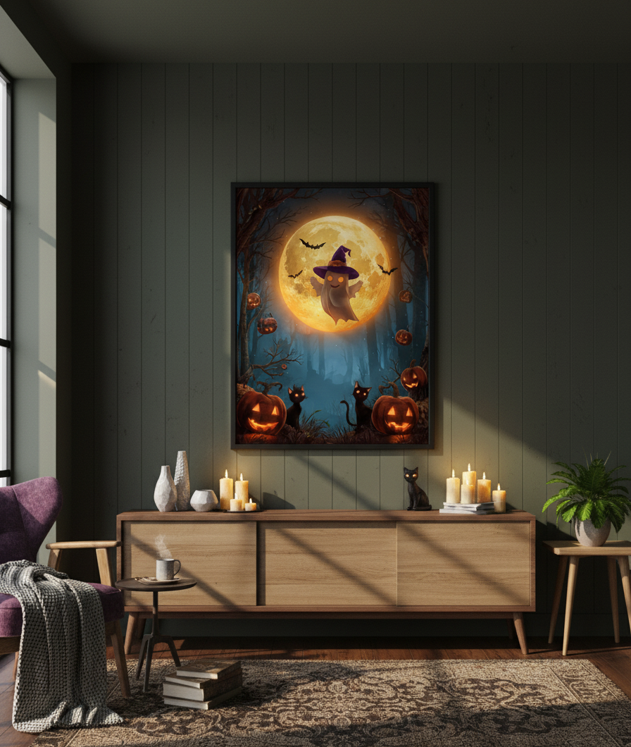 Halloween-themed wall art in a living room with wooden furniture and candles.
