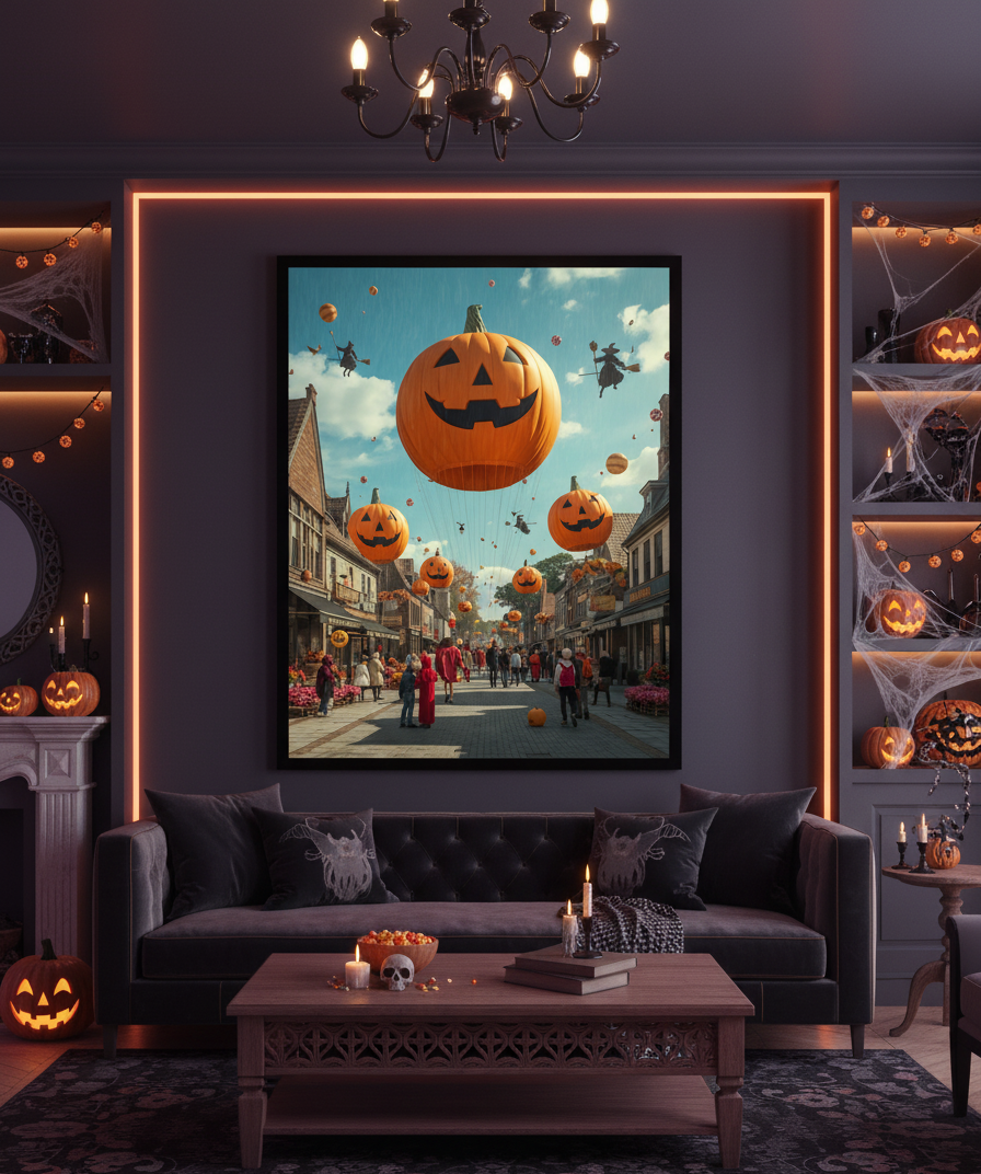 Living room decorated for Halloween with a large pumpkin painting on the wall.