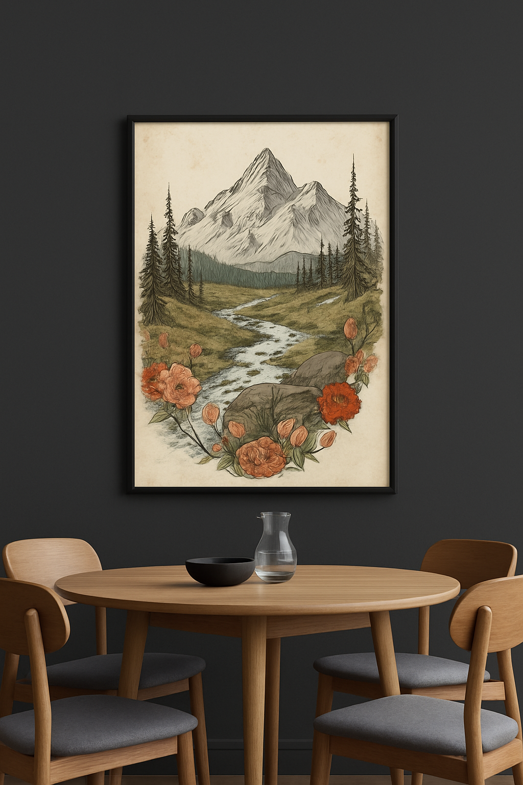 Framed artwork of a mountain landscape with flowers in a dining room setting.