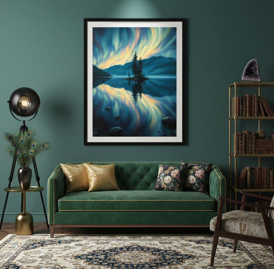 Living room with a green sofa, decorative pillows, and a framed artwork of a lake and trees on the wall.