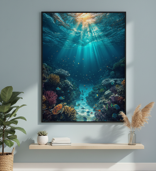 Framed underwater scene with coral and fish on a wall above a shelf.