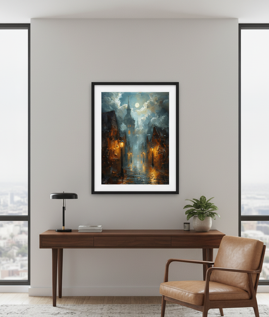 Moonlight & Lanterns - Impressionist Rainy Cityscape Art Print