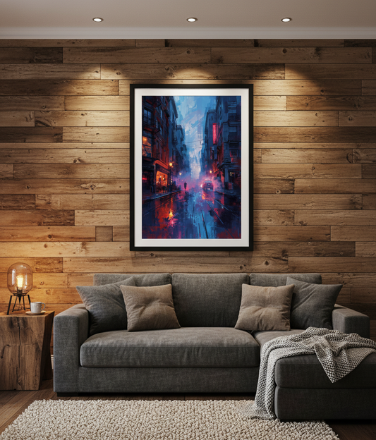 Living room with a gray sofa, wooden wall, and framed artwork.