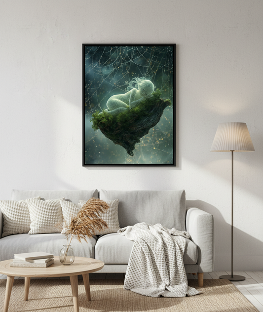 Framed artwork of a person underwater with greenery in a living room setting.