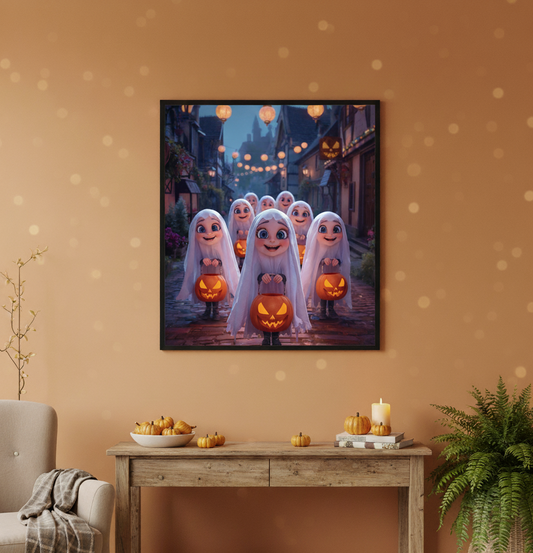 Halloween-themed wall art with ghosts and pumpkins on a beige wall above a wooden table.