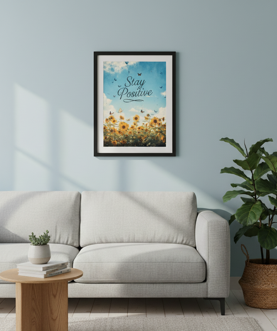 Framed artwork with sunflowers and butterflies on a wall above a sofa in a living room.