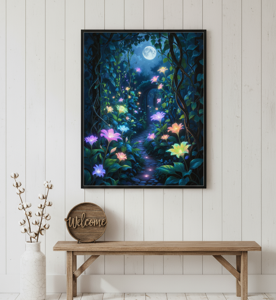 Framed artwork of a mystical forest scene with flowers and a moonlit sky, displayed on a wall above a wooden bench.