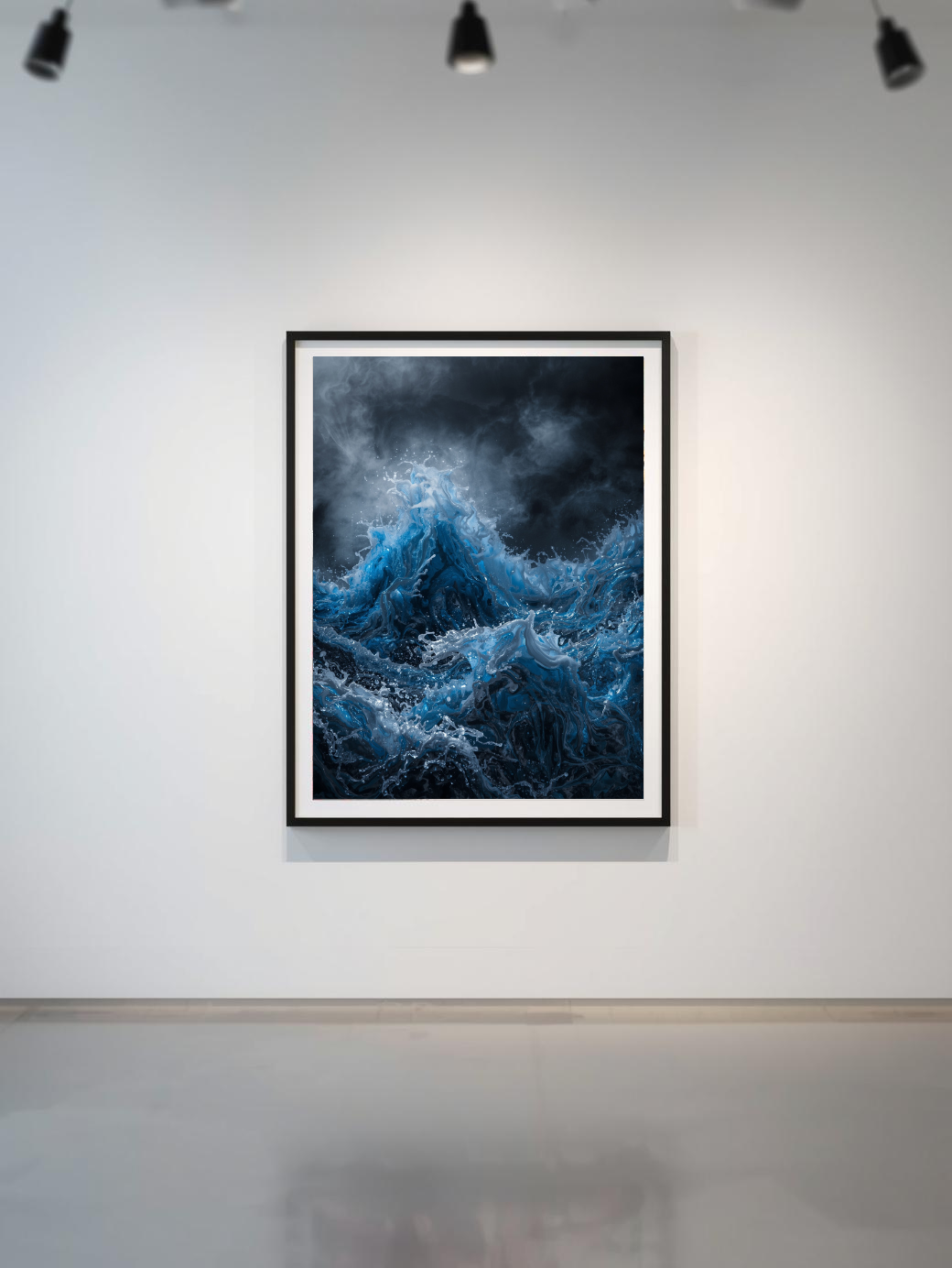 Framed artwork of a blue wave on a white wall with spotlights.