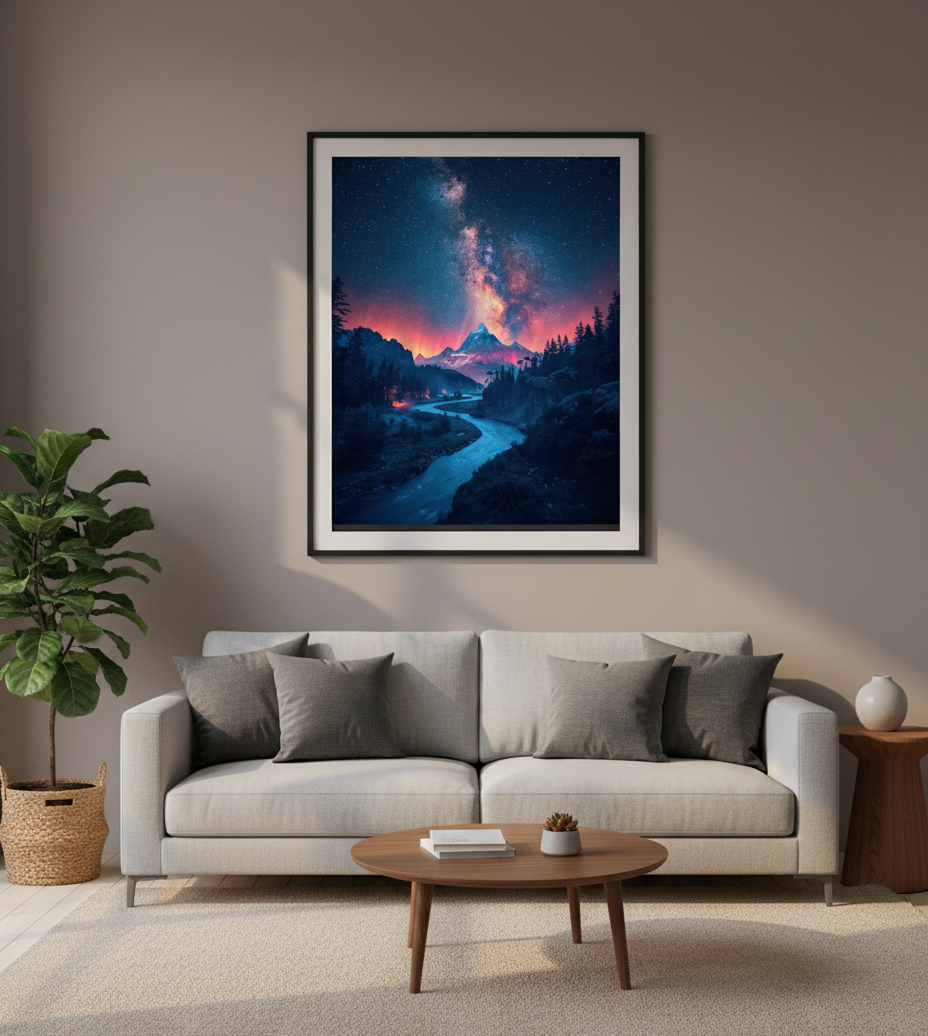 Framed artwork of a mountain landscape with a river in a living room setting.