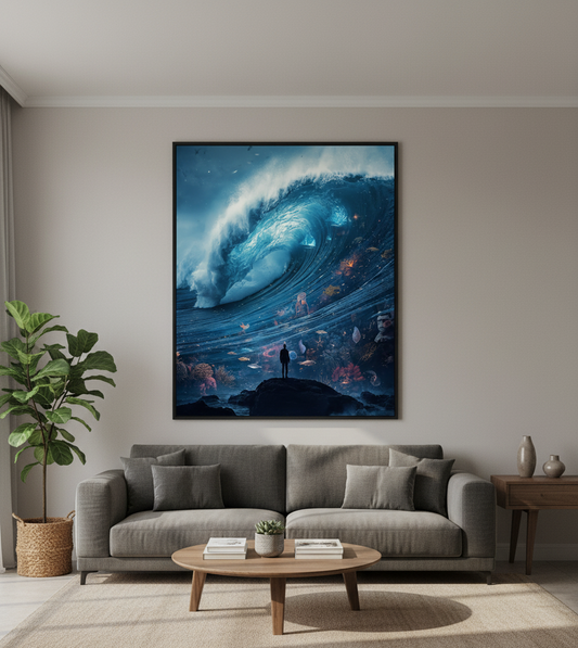 Living room with a large framed artwork of a wave and a person on a rock, a gray sofa, and a wooden coffee table.