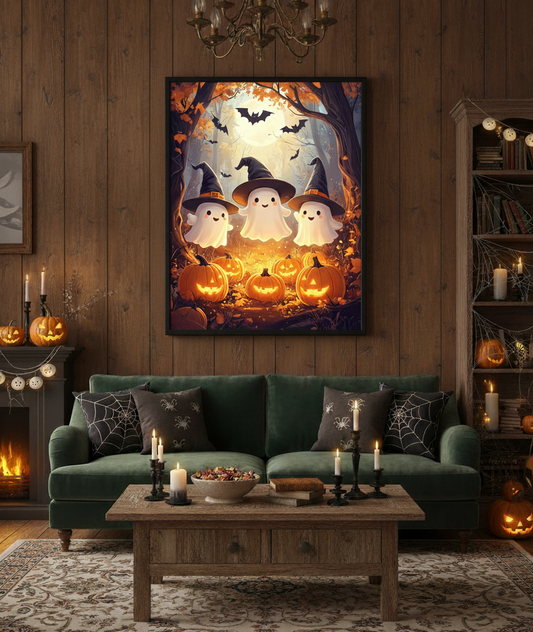 Living room decorated for Halloween with a green sofa, coffee table, and wall art featuring ghosts and pumpkins.