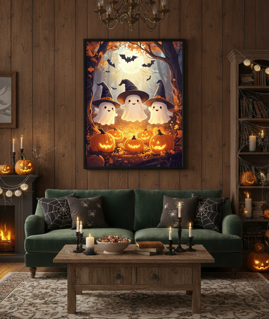 Living room decorated for Halloween with a green sofa, coffee table, and wall art featuring ghosts and pumpkins.