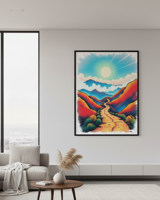 Colorful landscape painting on a wall in a modern living room