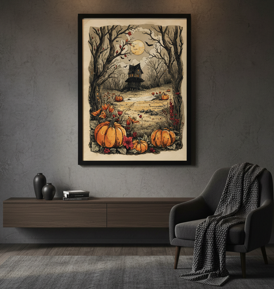 Framed Halloween-themed artwork with pumpkins and a moonlit house on a wall above a dark gray armchair.