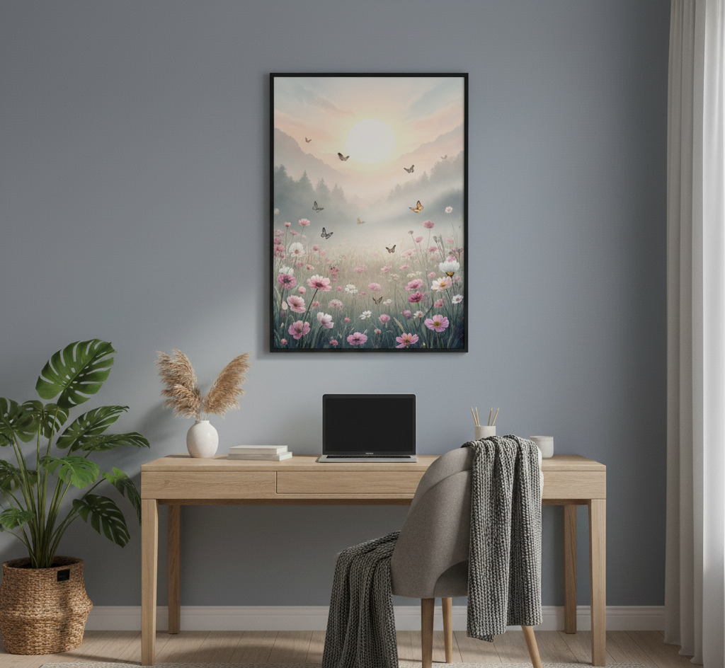 Modern home office with a desk, chair, laptop, and decorative elements against a gray wall.