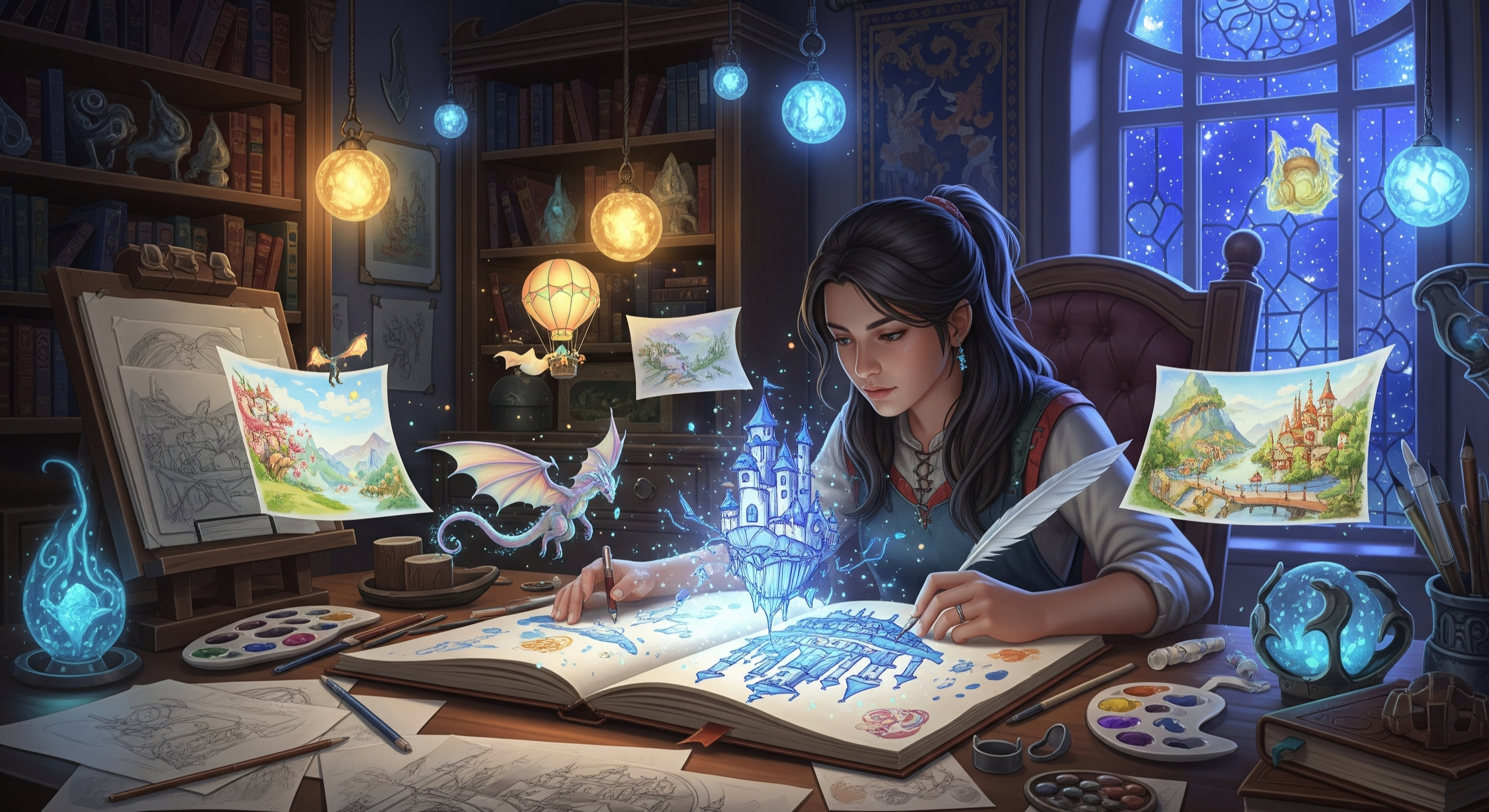 Woman in a cozy room with books and artwork, using a magical book.