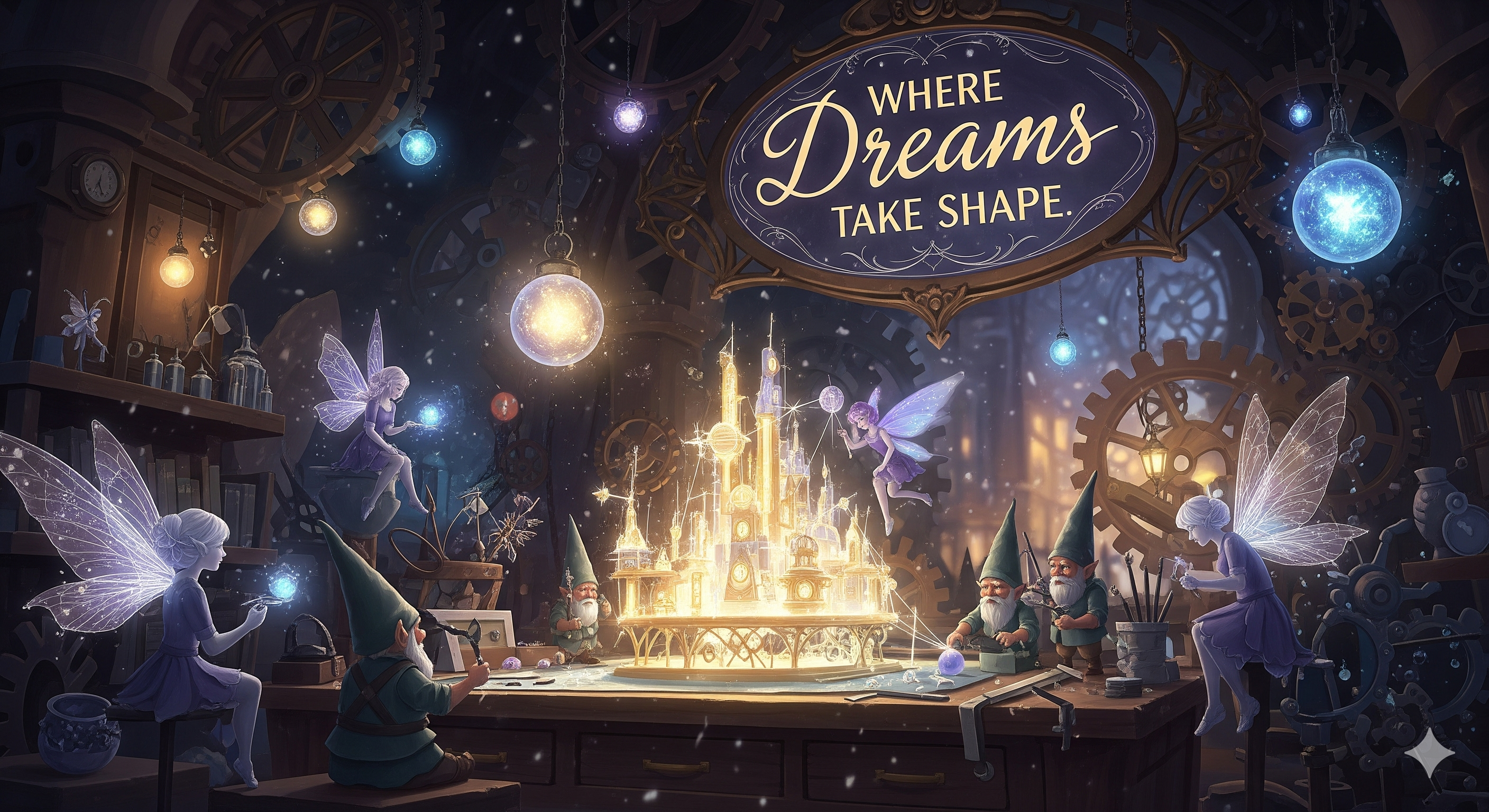 Fantasy scene with fairies and a glowing castle, featuring the text 'Where Dreams Take Shape'.