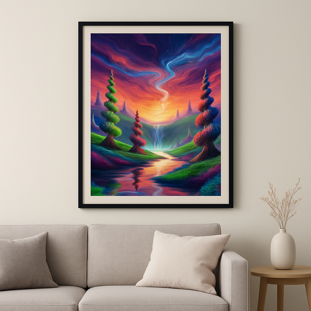 Framed colorful landscape painting on a wall above a sofa.