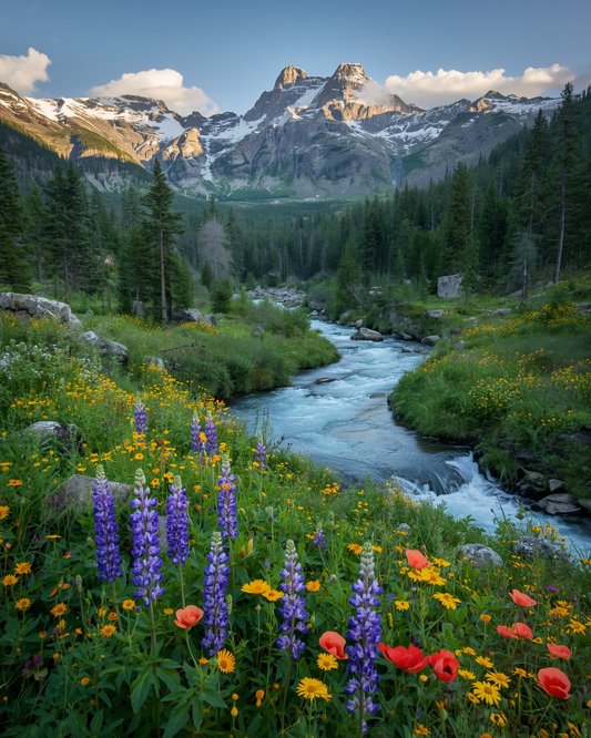 Alpine Meadow River & Mountain Peaks Art Print
