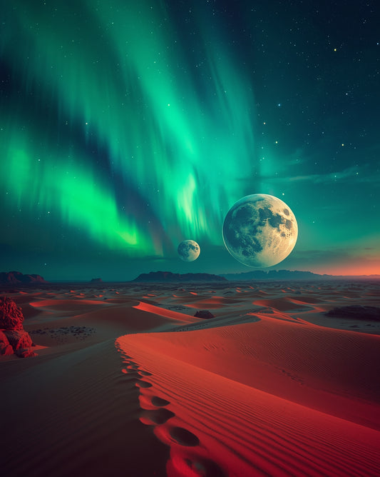 Aurora Desert Night with Dual Moons Art Print