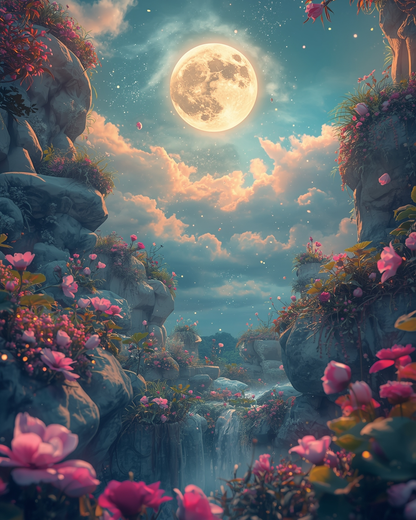 Fantasy landscape with flowers, rocks, and a full moon