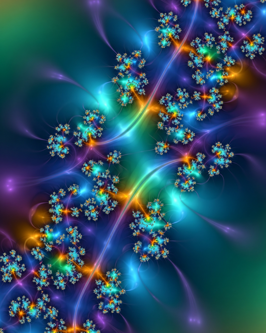Colorful fractal pattern with swirling colors on a dark background
